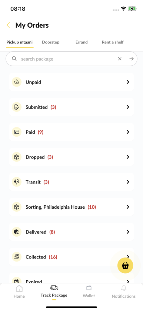 Pickup Mtaani - Interfaz de la aplicación Pickup Mtaani que muestra la pantalla Mis Pedidos con estados de seguimiento de paquetes