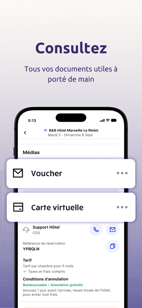 Mobile interface of the CDS App displaying a hotel voucher and a virtual payment card for corporate travel management.