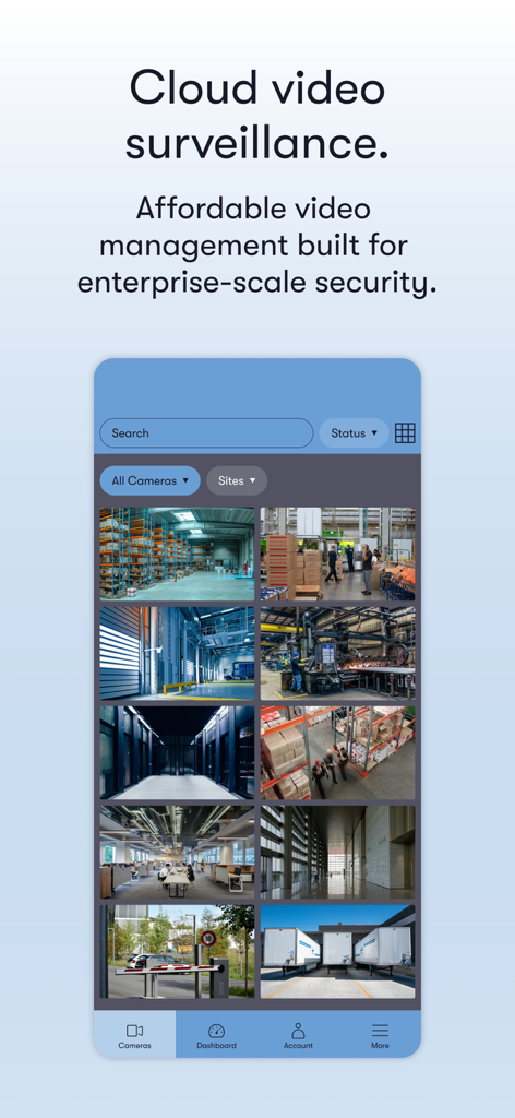 Mobile app interface for CCTV Connect showing multiple security camera feeds from warehouses and offices