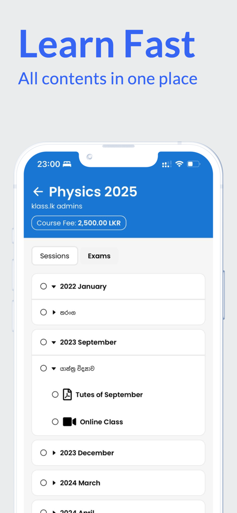 Klass Student App - Klass Student App mostrando materiales del curso de Física 2025 y lista de sesiones