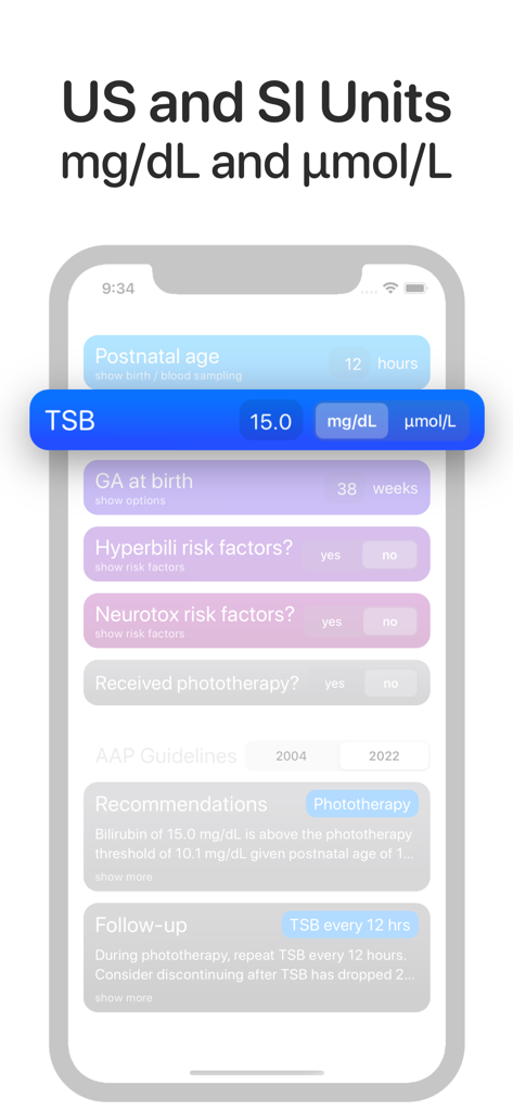 Bilirubin: Bilitool Bili Tool - Interface of the Bilirubin Bilitool app showing selection between US and SI units.