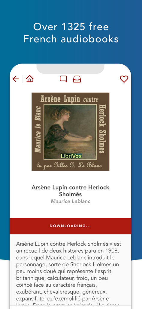 Livres Audio HQ - Capture d'écran de l'application Livres Audio HQ montrant le téléchargement d'un livre audio français gratuit