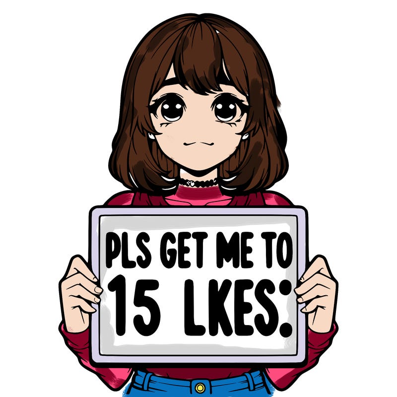 realistic girl holding up a sign that says “pls get me to 15 likes!”