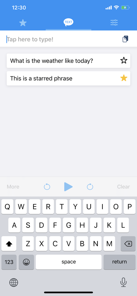 Text to Speech! - Text to Speech アプリのインターフェース。テキスト入力フィールドと、簡単なアクセシビリティコミュニケーションのためのお気に入りフレーズが表示されます。
