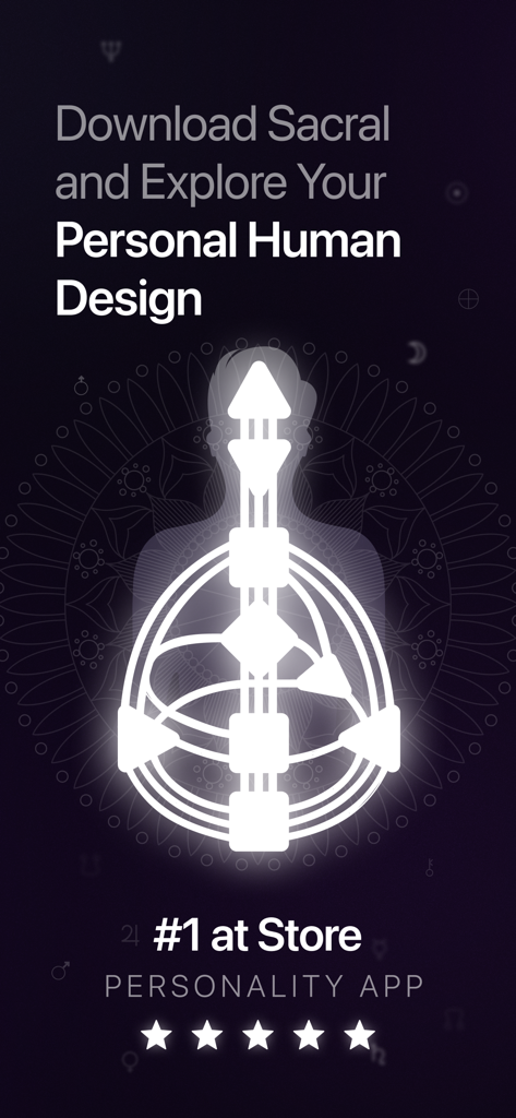 My Human Design App - SACRAL - Pantalla de bienvenida de la App SACRAL mostrando un gráfico brillante y blanco del Bodygraph de Diseño Humano