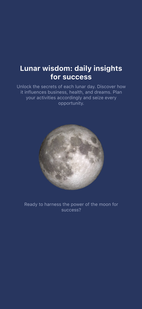 Écran d'introduction de l'application Moon Days Calendar présentant une pleine lune et du texte sur les aperçus lunaires pour le succès