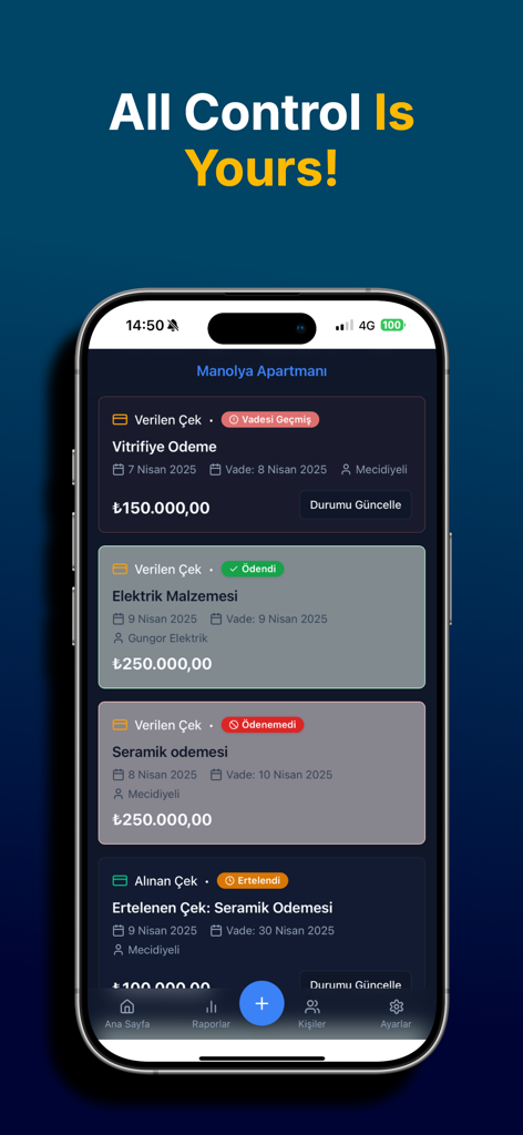 Buildfy - Buildfy App Bildschirm mit einer Liste von Bauprojekt-Ausgaben und Statusaktualisierungen für Scheckzahlungen