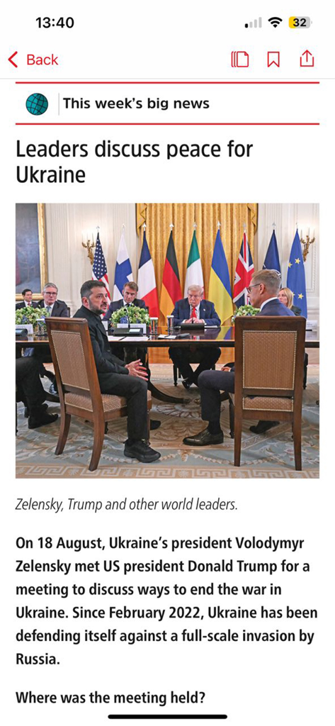 The Week Junior - Screenshot of an article about world leaders discussing peace in Ukraine in The Week Junior app