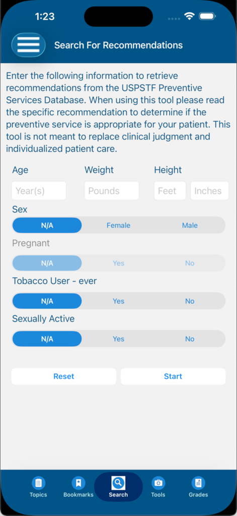 Screen for entering patient information such as age and sex to search for preventive care recommendations in the USPSTF app