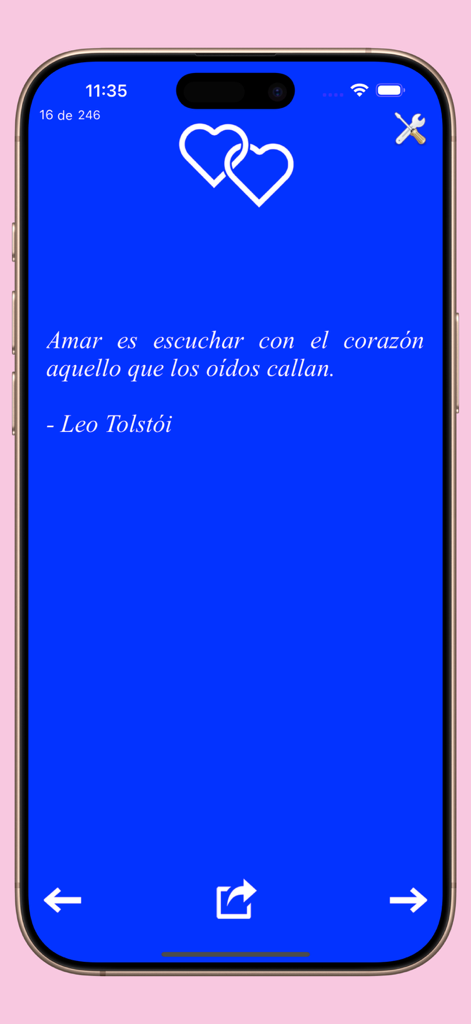 Frases de amor. - Frases de amorアプリのモバイル画面。青い背景にレフ・トルストイによるスペイン語のロマンチックな引用が表示されています。