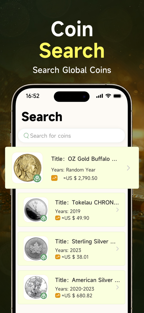 Go Coin Identifier: Coin Value - Mobile app interface showing search results for various global coins with their estimated market values.