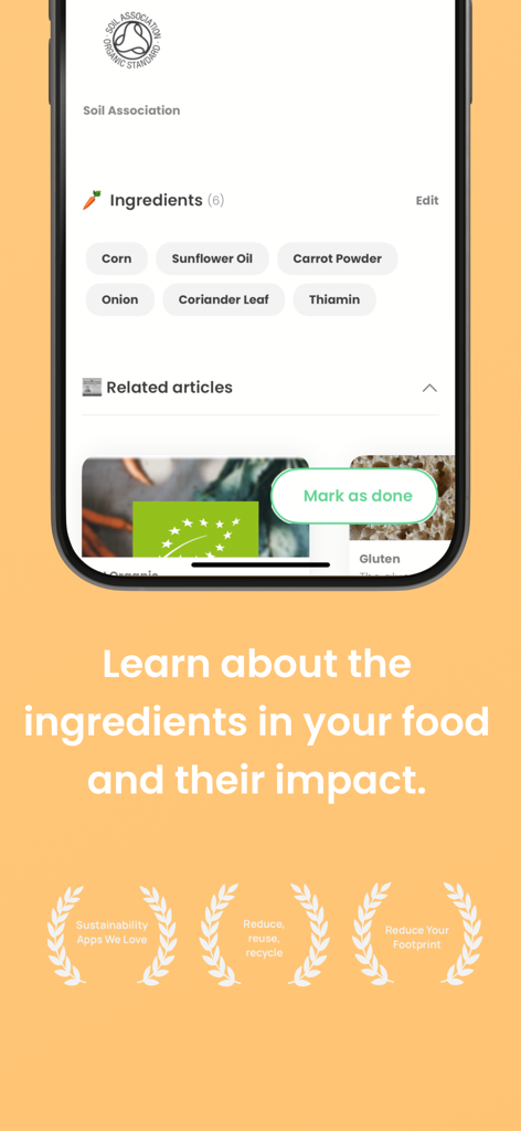 Horizon App-Oberfläche, die Lebensmittelzutaten und Informationen zu den Nachhaltigkeitsauswirkungen anzeigt.