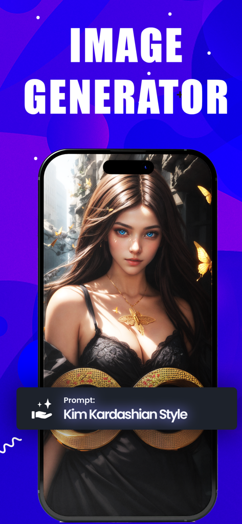 AI Image Art - Photo Generator - Aplicación AI Image Art mostrando un retrato generado con una indicación de estilo Kim Kardashian.