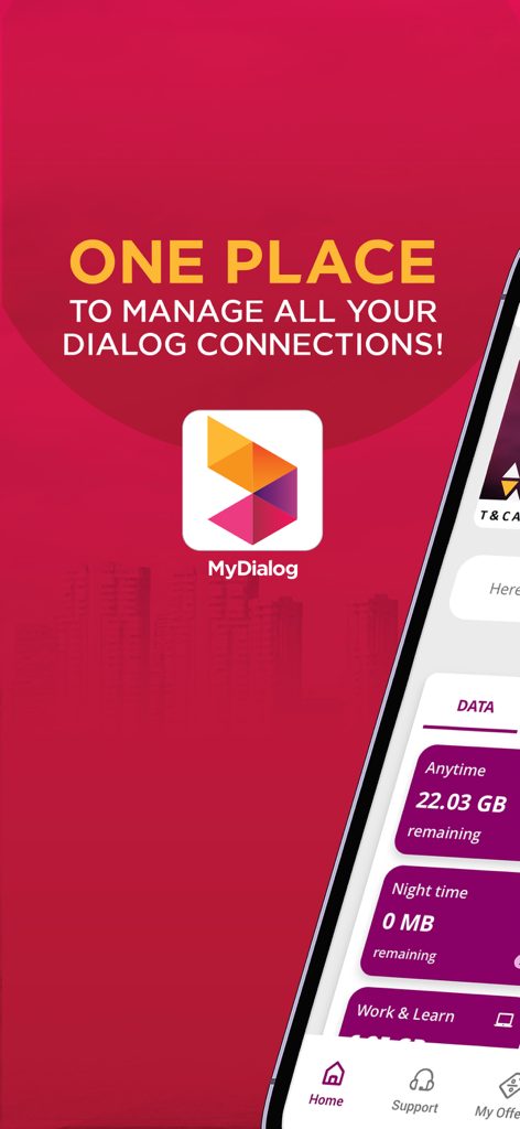 Écran d'accueil de l'application MyDialog affichant les détails de consommation de données et les options de gestion du compte sur un appareil mobile.