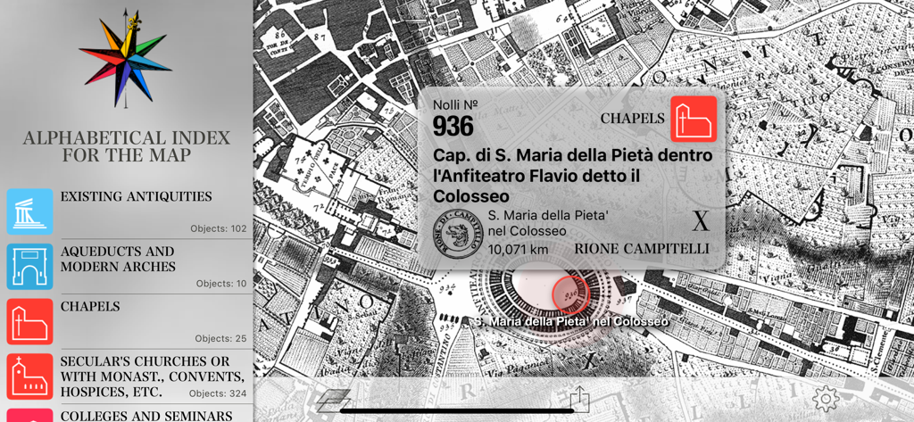 Nolli - Navigate Rome in 1748 - Índice alfabético y navegación del mapa histórico de Roma en 1748 que muestra el área del Coliseo