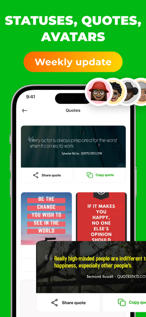 The dual messenger App - Captura de pantalla de la función de citas y estados en la aplicación dual messenger con tarjetas de texto inspiradoras