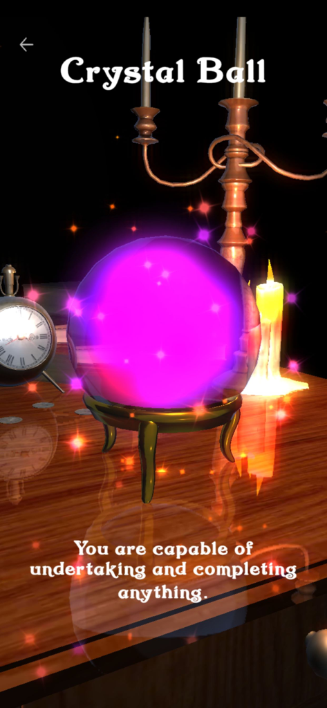 Magic Crystal Ball: Divination - Une balle de cristal magique lumineuse sur une table affichant une affirmation quotidienne positive