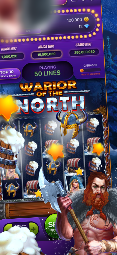Portrait Slots™ : Vegas Casino - Écran de jeu Portrait Slots Vegas Casino présentant une machine à sous sur le thème viking appelée Warrior of the North avec un personnage de guerrier à barbe rousse.