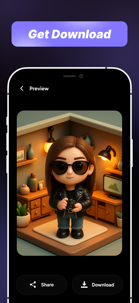 A 3D chibi character holding a camera in a miniature diorama room