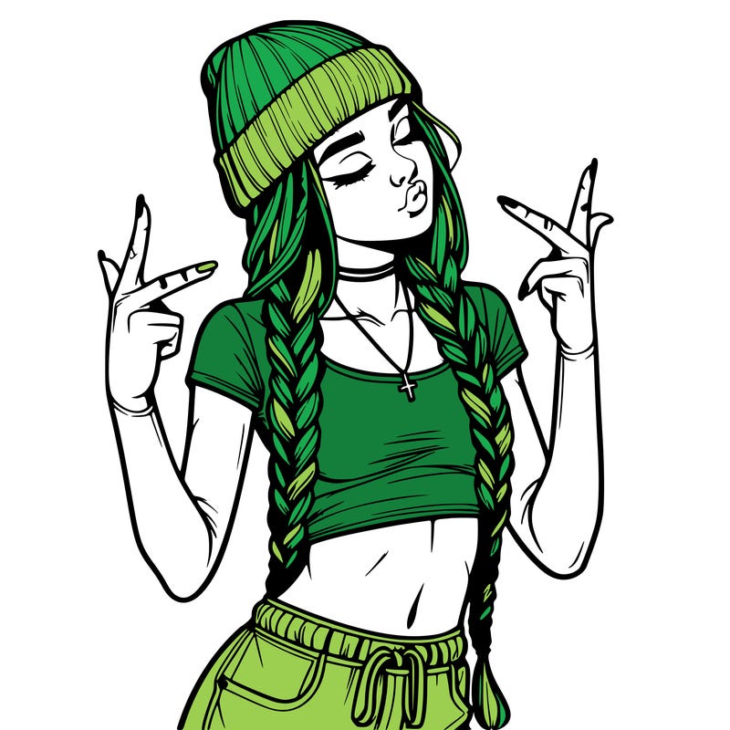 realistic teenage girl with braids and a beanie and crop top doing 🫶🏼