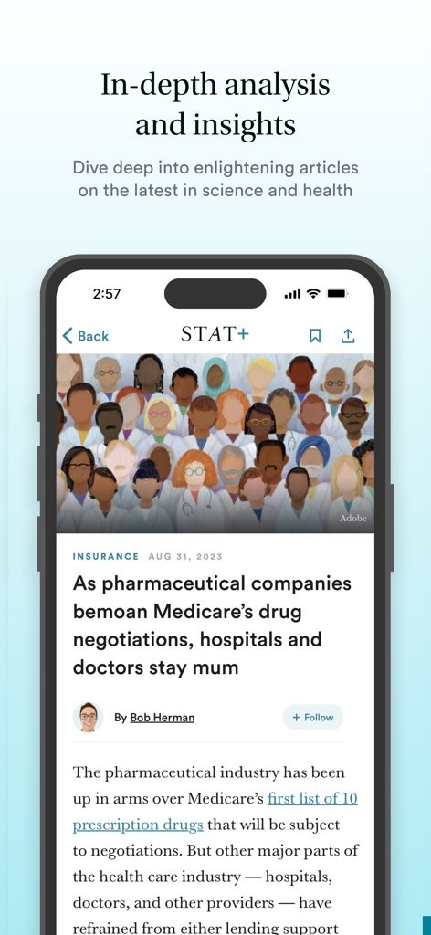 STAT News app interface showing a detailed article about pharmaceutical companies and Medicare drug negotiations.