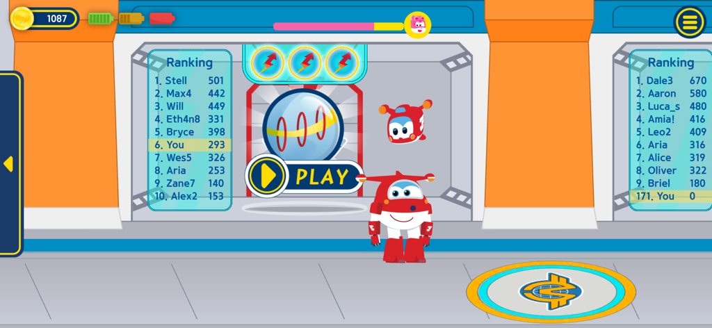 Menú del juego Super Wings Mission Challenge mostrando clasificaciones y el personaje Jett