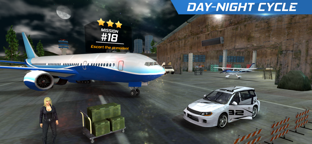 AFPS Airplane Flight Pilot Sim - Night airport scene featuring a commercial jet and sports car for a mission to escort the president