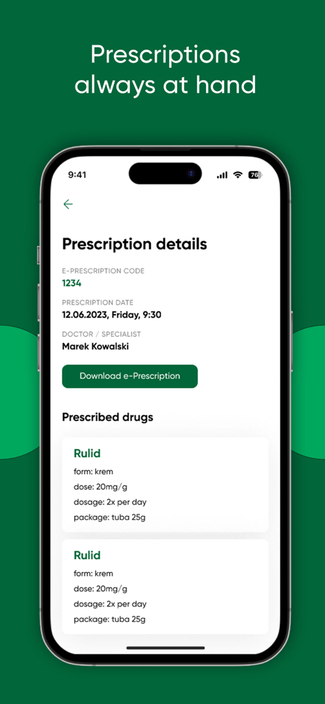 Tela do iPhone mostrando a página de detalhes da prescrição no aplicativo Damian Mobile, incluindo informações do medicamento e um botão de download