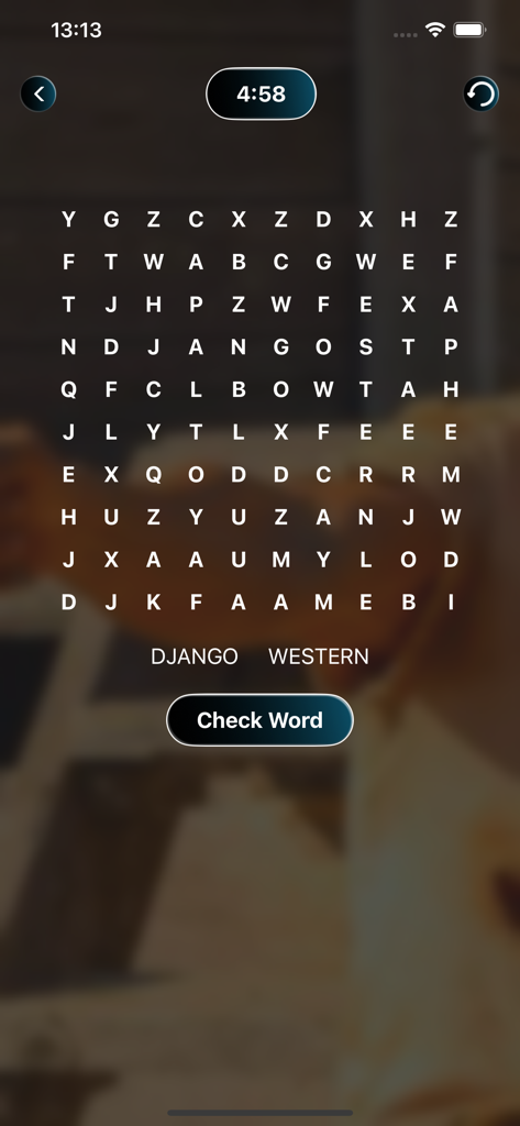A movie-themed word search puzzle game interface featuring movie titles and genres like Django and Western