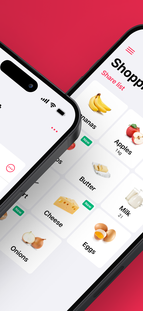 WeNeedモバイルアプリのインターフェース。食料品のアイテムアイコンが表示された共有ショッピングリストが表示されています。
