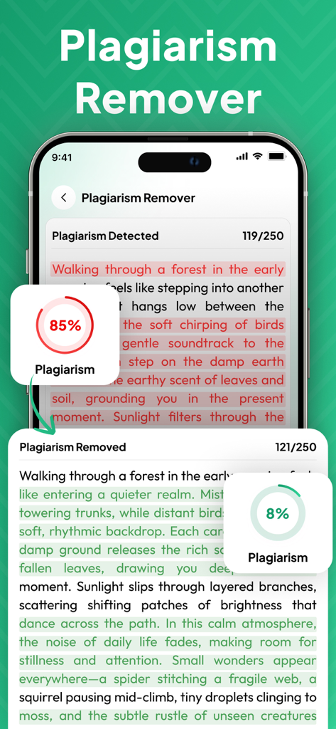Humanizer - Humanize AI Text - Humanizerアプリを使用して、テキストの盗用スコアが85パーセントから8パーセントに低下した比較。