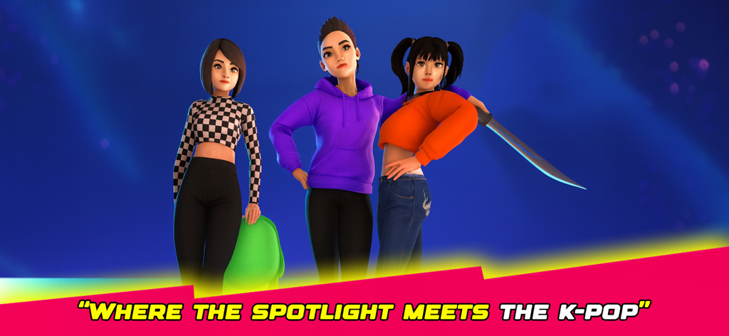 Three 3D K-pop idol characters in stylish outfits posing for battle