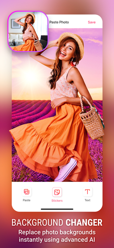 AI background changer tool showing a woman moved from an indoor setting to a lavender field