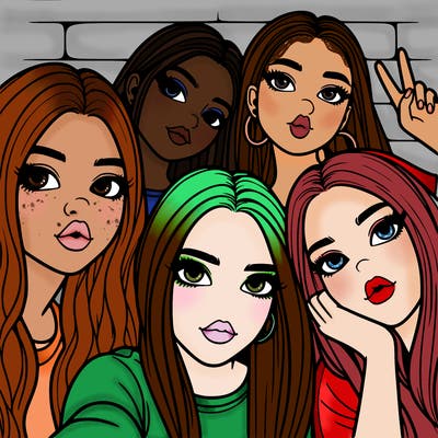 group of teen girls friends y2k up close in a selfie