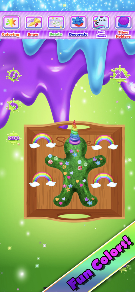 A green gingerbread shaped slime decorated with a unicorn horn and rainbows in the Super Slime Maker Simulator game.