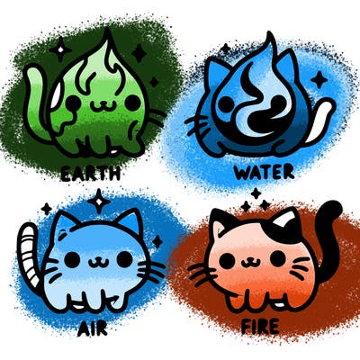 4 cats that represent the different elements, earth, water, air, and fire