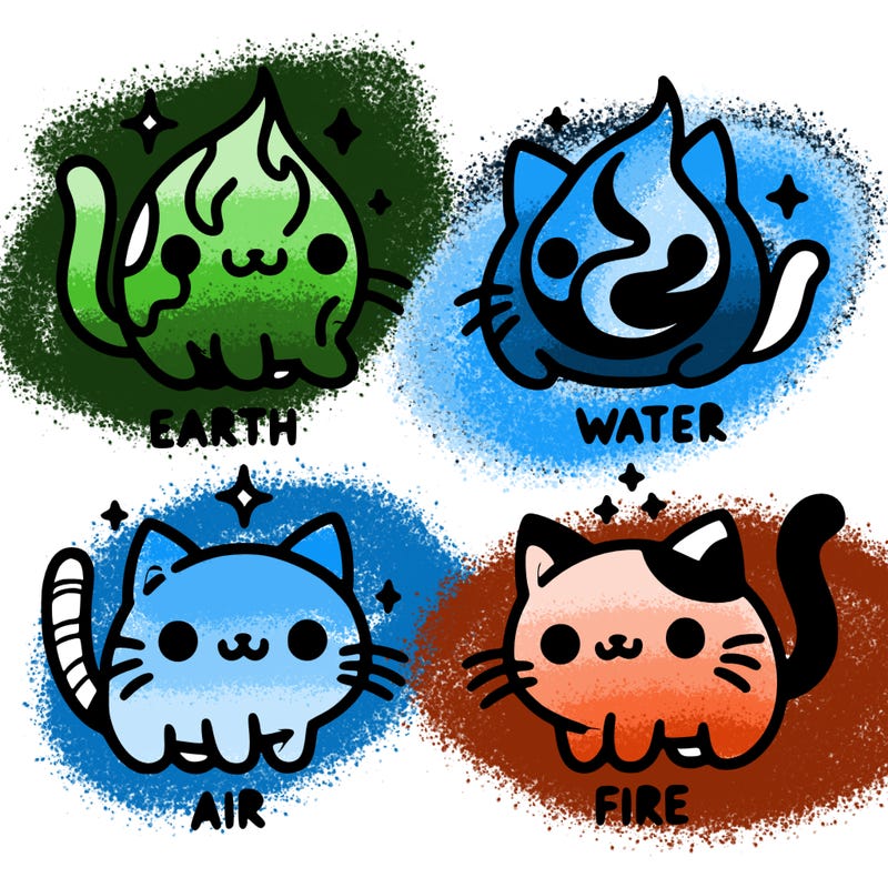 4 cats that represent the different elements, earth, water, air, and fire