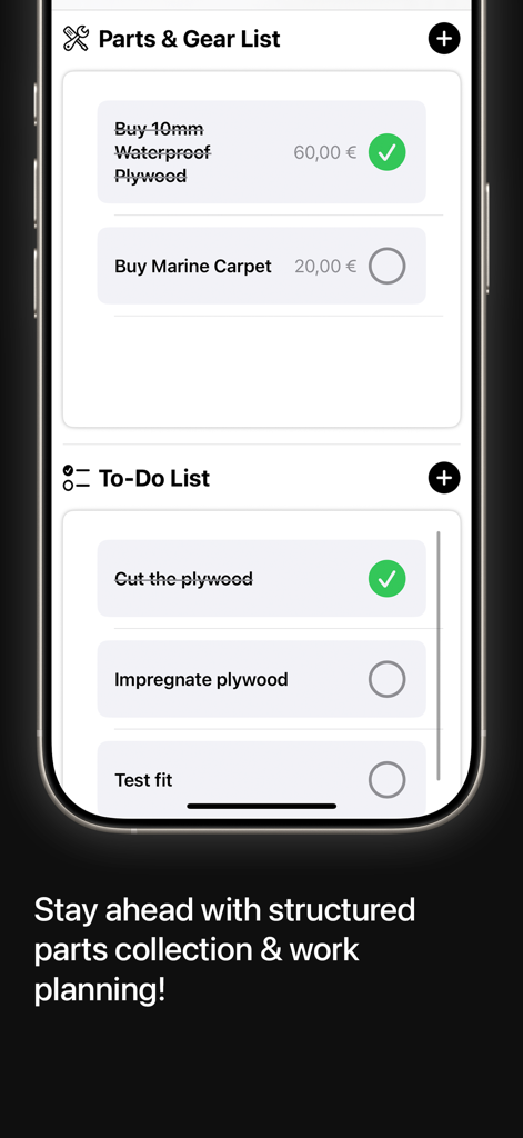 Interfaz de la aplicación BoatRefiter que muestra una lista de compras estructurada de piezas y equipo junto a una lista de tareas de mantenimiento para la reforma de yates.