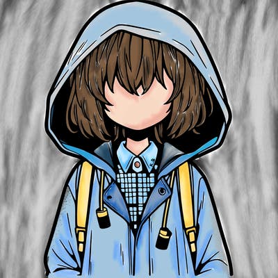 little anime girl in a raincoat her hair is covering her eyes she has a lighter