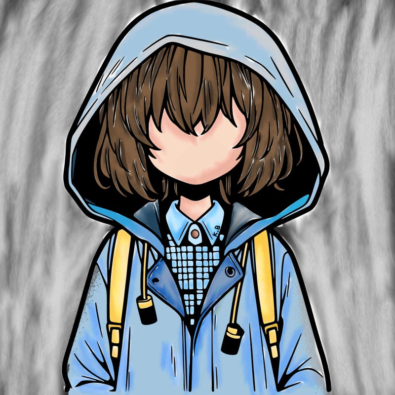 little anime girl in a raincoat her hair is covering her eyes she has a lighter