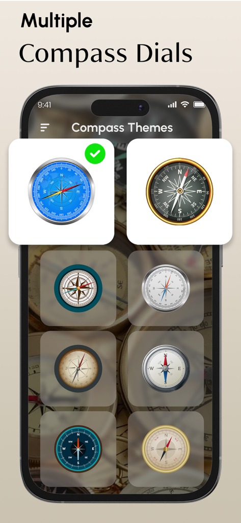 Compass & Location Tracker - Screenshot of the Compass and Location Tracker app displaying various compass dial themes and styles