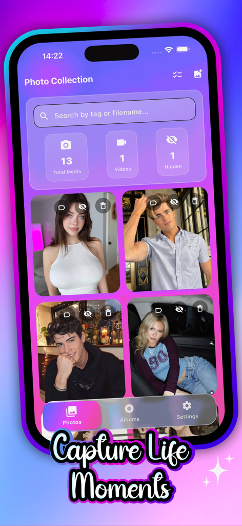 Tokut app photo collection screen showing media statistics and private gallery management