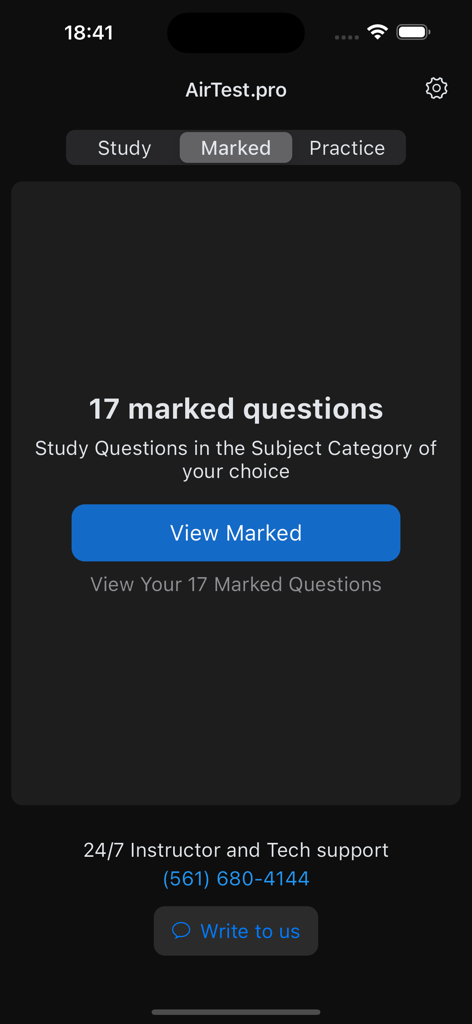 AirTest Pro - A screen showing seventeen marked questions for pilot exam study in the AirTest Pro app