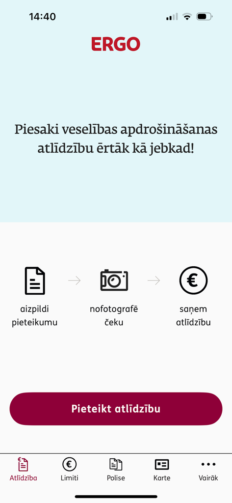 ERGO Latvija - Interface of the ERGO Latvija app showing a three-step process to submit health insurance claims by filling a form, taking a photo of a receipt, and receiving reimbursement.
