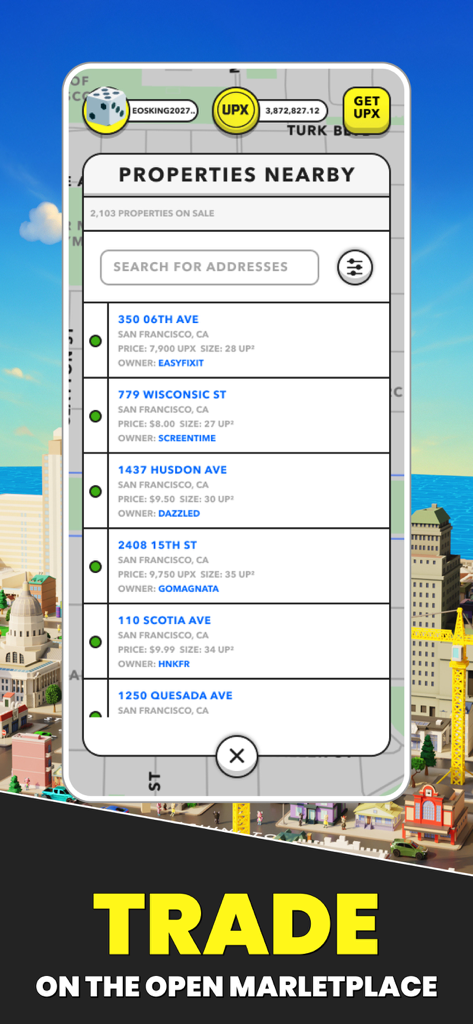 Upland: City-Builder - 샌프란시스코에서 판매되는 가상 부동산 목록을 보여주는 Upland 앱 마켓플레이스 인터페이스