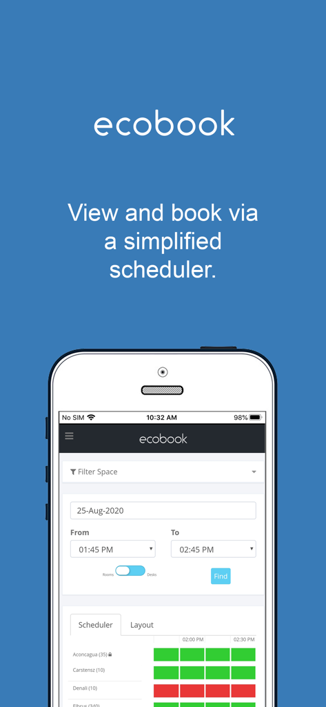 ecobook - Room & Desk Booking - Ecobook App-Bildschirm zeigt einen vereinfachten Planer für die Buchung von Räumen und Schreibtischen