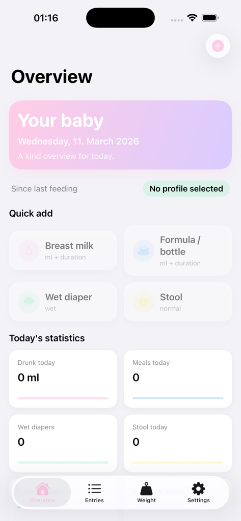 Baby Tracker - Feeding Log - Dashboard of the Baby Tracker app showing quick add buttons for feeding and diapers with daily statistics