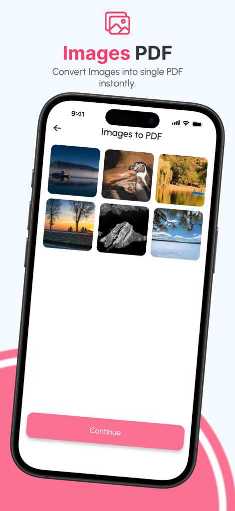 PDF Reader - AI PDF Tools - PDFリーダーアプリの画面。画像からPDFへのツールが表示されており、複数の写真が1つのドキュメントに変換されるように選択されています。