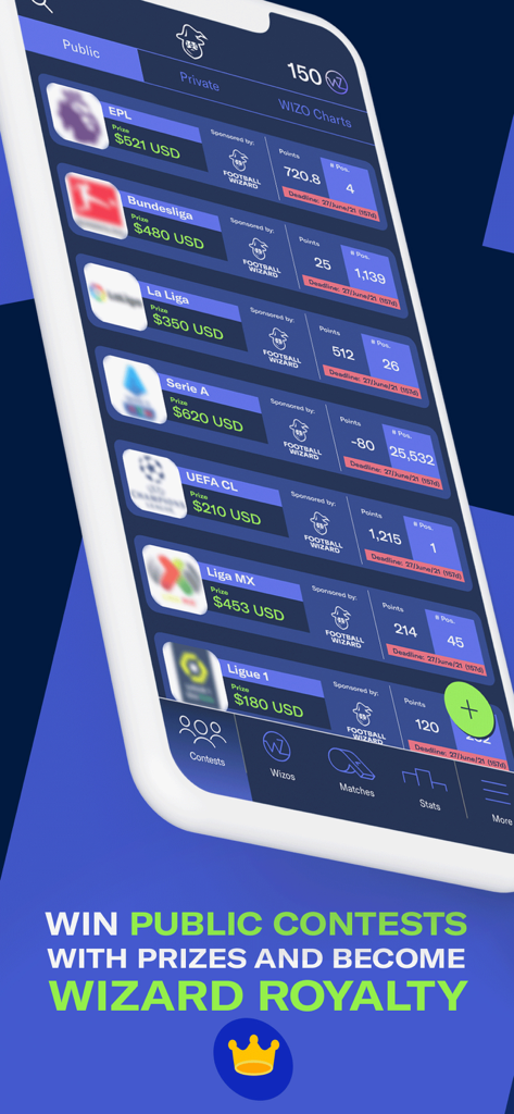 Football Wizard. Predict & Win - Interface do aplicativo Football Wizard mostrando concursos públicos de previsão de futebol com prêmios em dinheiro para ligas como EPL e La Liga
