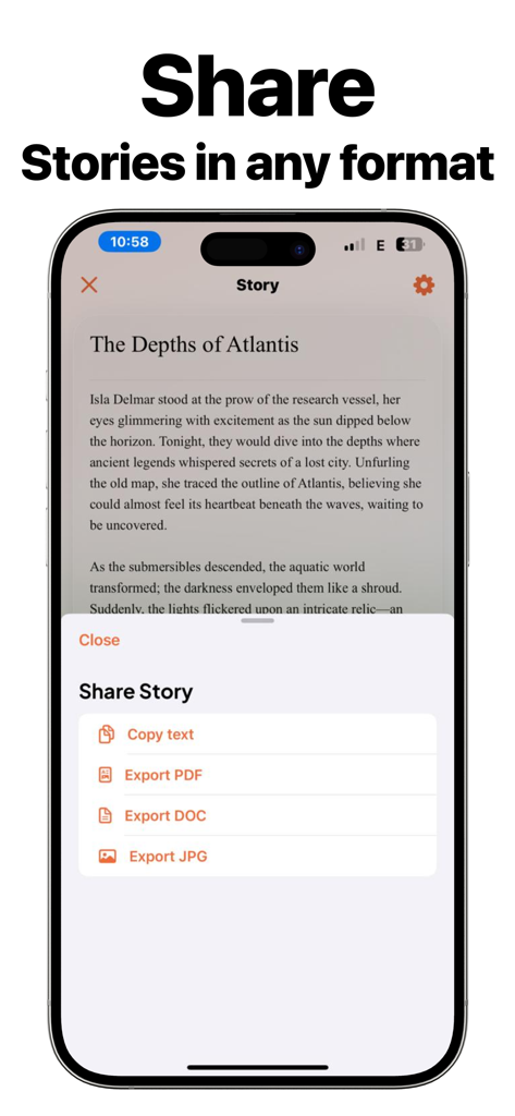 Novel AI - Story Generator - El menú para compartir de la aplicación Novel AI que muestra opciones para exportar historias como PDF, DOC o JPG.